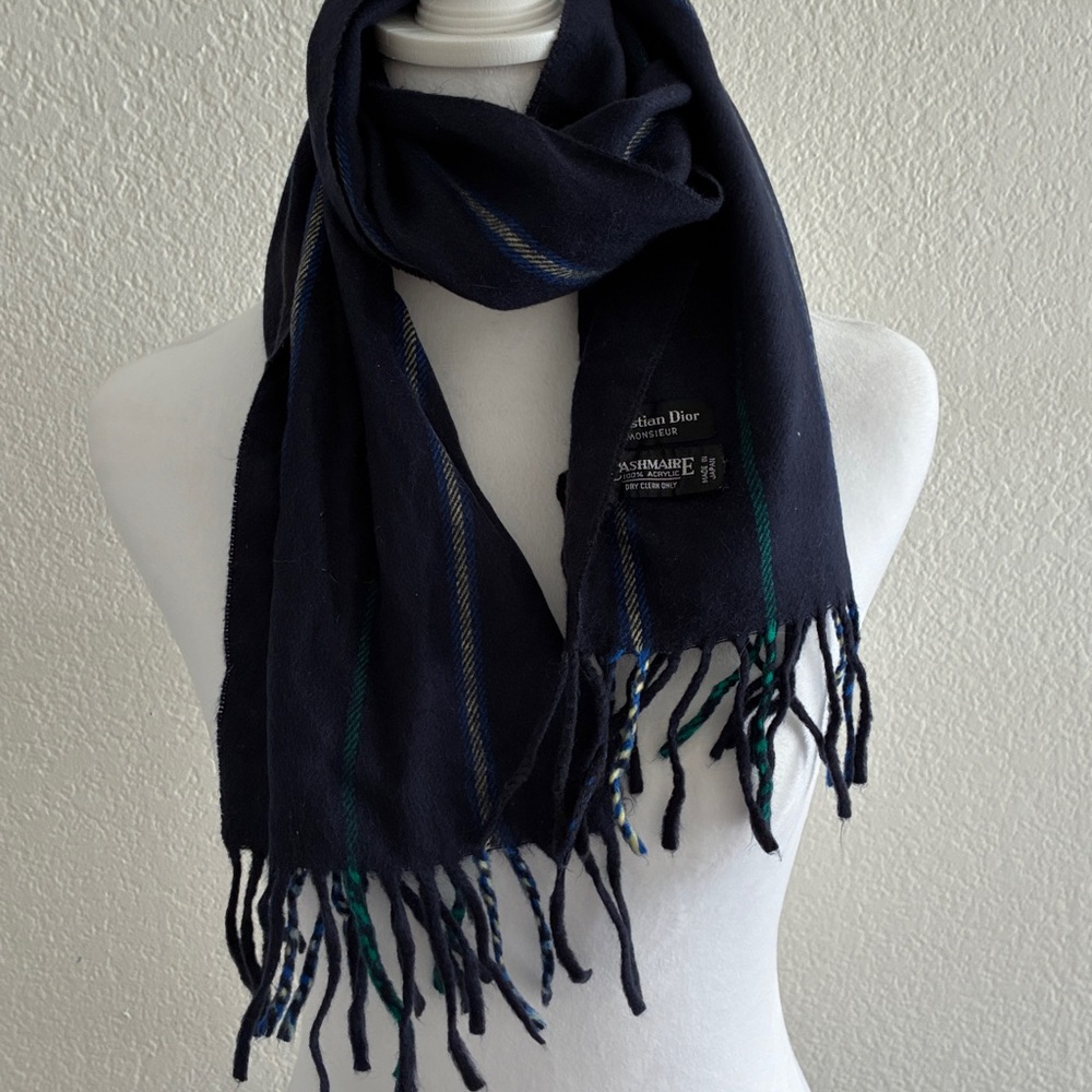 Christian Dior Vintage Dark Blue Plaid Scarf with Fringe - Picture 6 of 7